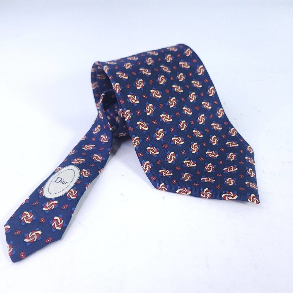 Christian Dior Monsieur Mens Geometric Print Tie Blue Neck USA Made VTG Tie